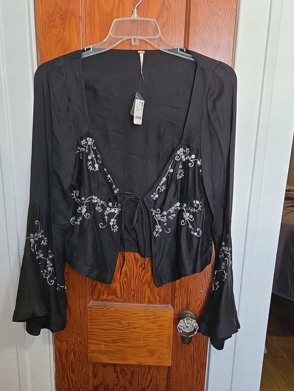 Free People Black Blouse with White Embroidery & Sequins- Size Large